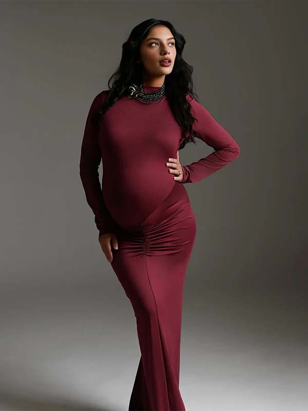 Momyknows Wine Red Ruched Photoshoot Maternity Maxi Dress