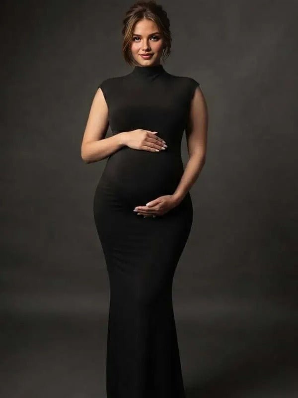 black maternity photoshoot dress Momyknows Bodycon Floor Length Mock Neck Maxi Dress, Black / S LONG DRESS Odette Red & Black hang Dry Color:Mahogany