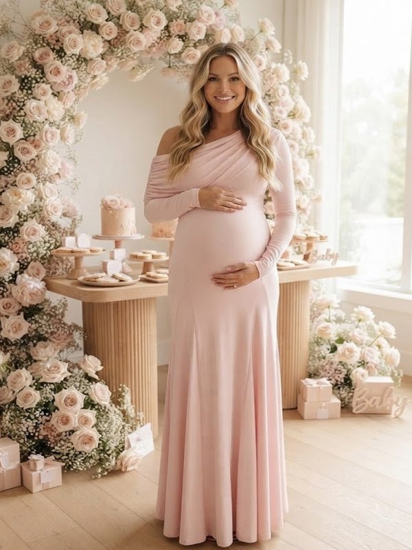 Momyknows Pink Oblique Shoulder Ruched Mermaid Maternity Baby Shower Maxi Dress, Pink / S