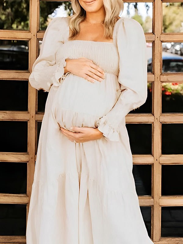Momyknows Ruffle High Waist Falbala Long Sleeve Plus Size Baby Shower Maternity Midi Dress, Apricot / L