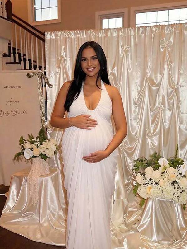 Momyknows White Halter Neck Draped Hem Open Back Maternity Photoshoot Maxi Dress White / M