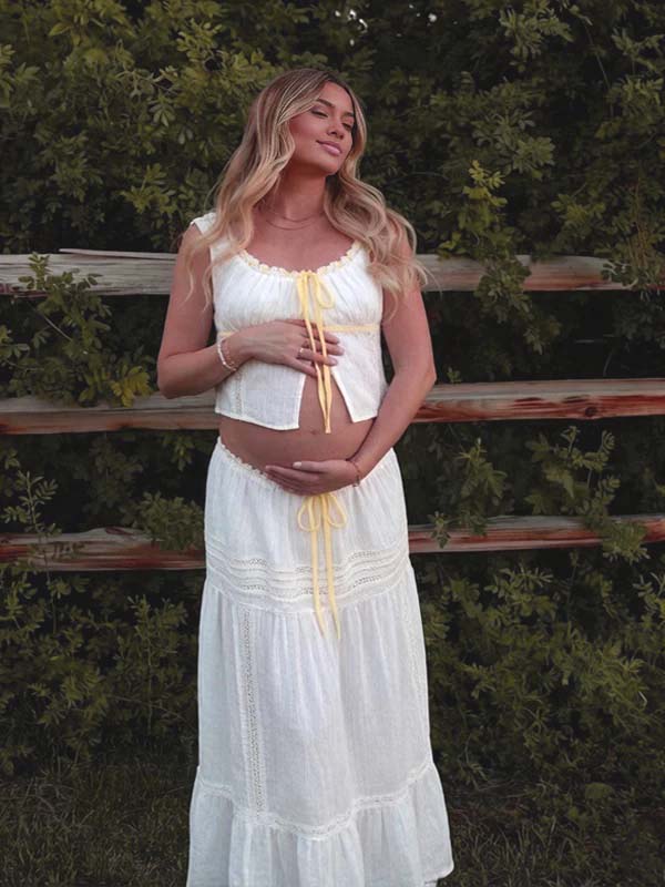 Momyknows White Lace Ribbon High Waisted Two Piece Maternity Photoshoot Maxi Dress, White / L