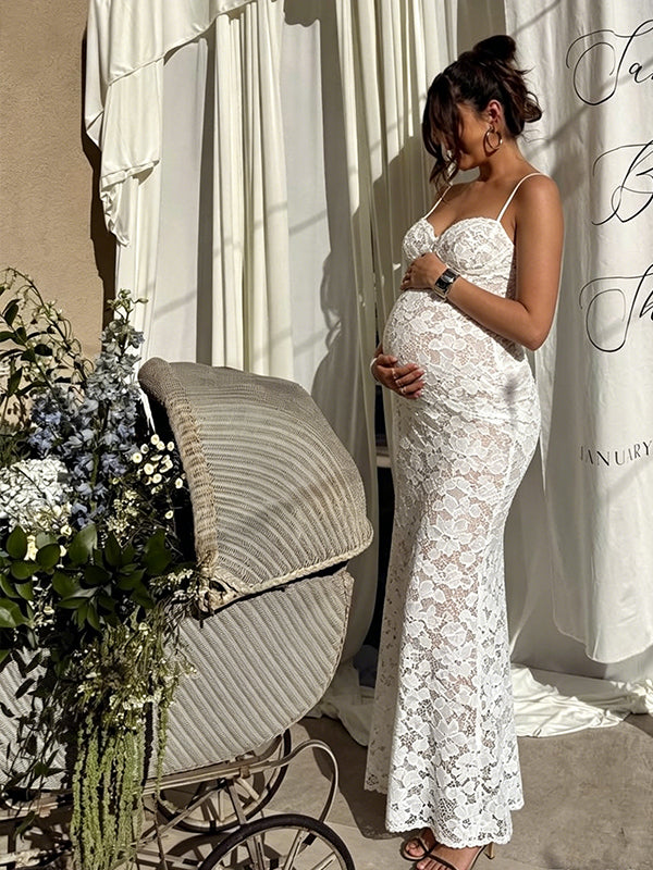 Momyknows White Spaghetti Strap Lace Bodycon Boat Neck Maternity Babyshower Midi Dress Momyknows White Spaghetti Strap Lace Bodycon Boat Neck Maternity Babyshower Midi Dress