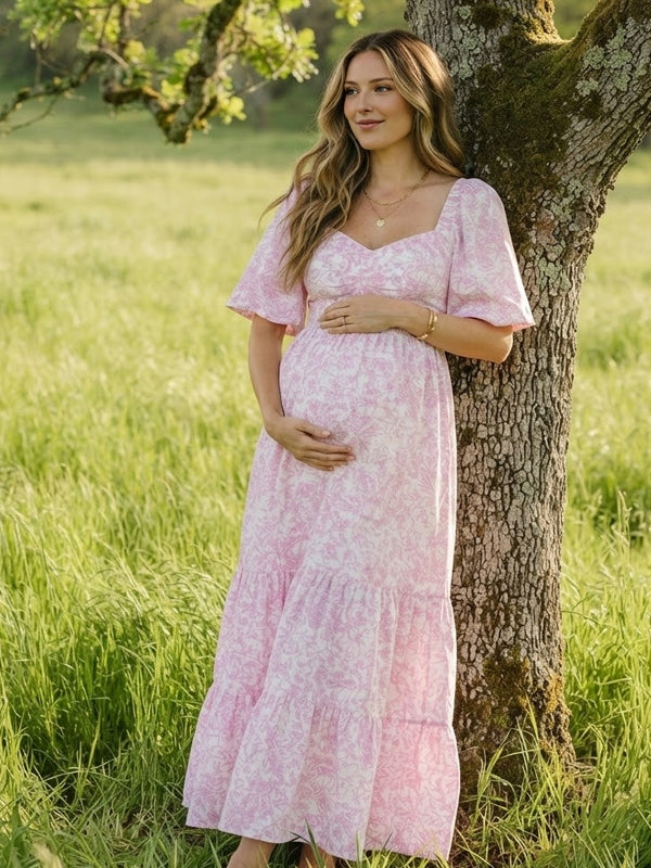 smocked maternity dresses Momyknows Print Ruched Puff Sleeve Photoshoot Maxi Dress breathable chambray fabric drapes Strapless Crinkle Chiffon Bridesmaid Size:Standard XS - Heather Royal styleattribute-yarn differs