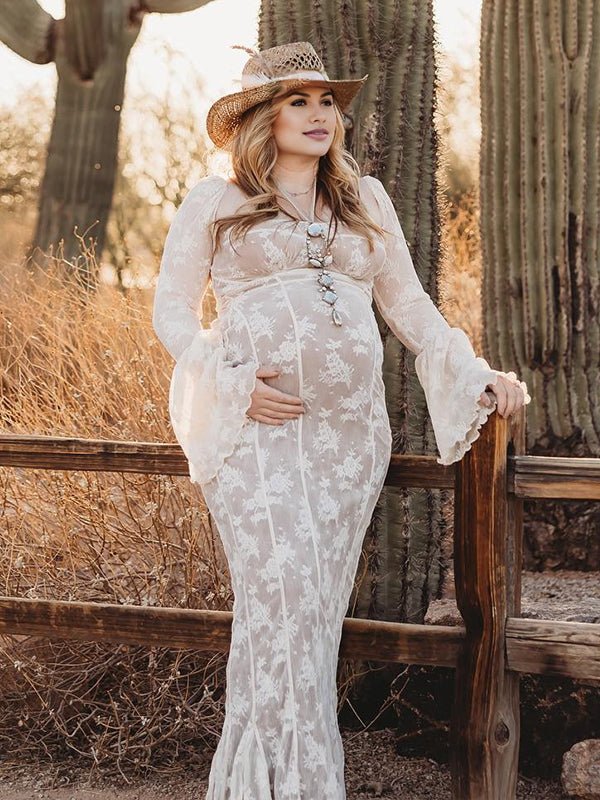 Momyknows White Lace Corset Square Neck Flare Sleeve Plus Size Maternity Photoshoot Maxi Dress, White / XXXL