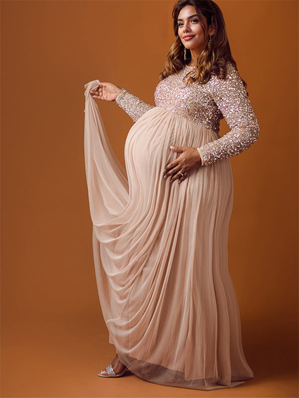 Momyknows Sequin Tulle Splicing Long Sleeve Maternity Gender Reveal Maxi Dress
