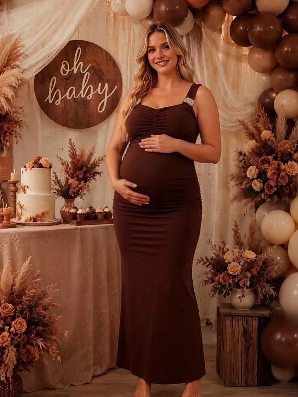 Momyknows Dark Brown Fitted Ruffle Backless Maternity Baby Shower Maxi Dress