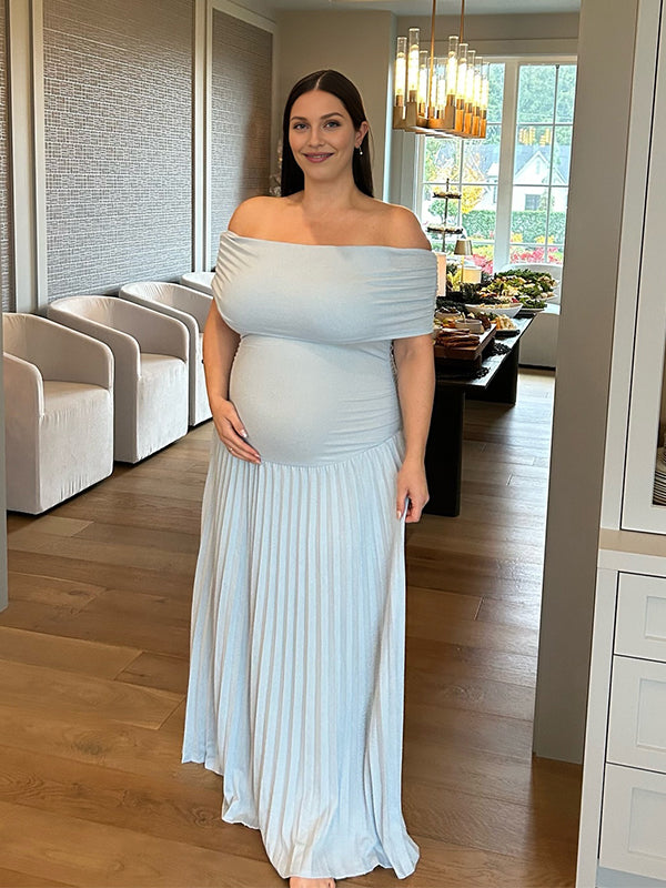 Momyknows Ruched Pleated Off Shoulder Plus Size Maternity Baby Shower Maxi Dress Light Blue / XL Momyknows Ruched Pleated Off Shoulder Plus Size Maternity Baby Shower Maxi Dress Light Blue / XL