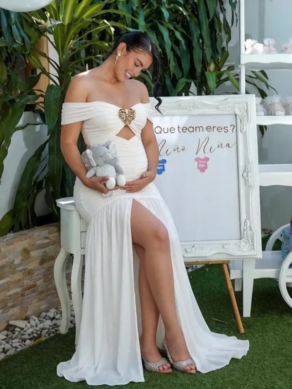 Momyknows White Off Shoulder Ruched Mesh Cutout High Slit Heart Hardware Wedding Bodycon Baby shower Maternity Maxi Dress, White / S