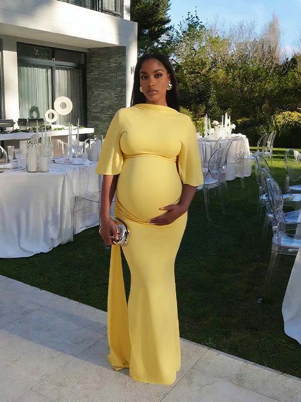 Momyknows Yellow Ruched Draped Backless Baby Shower Maternity Maxi Dress