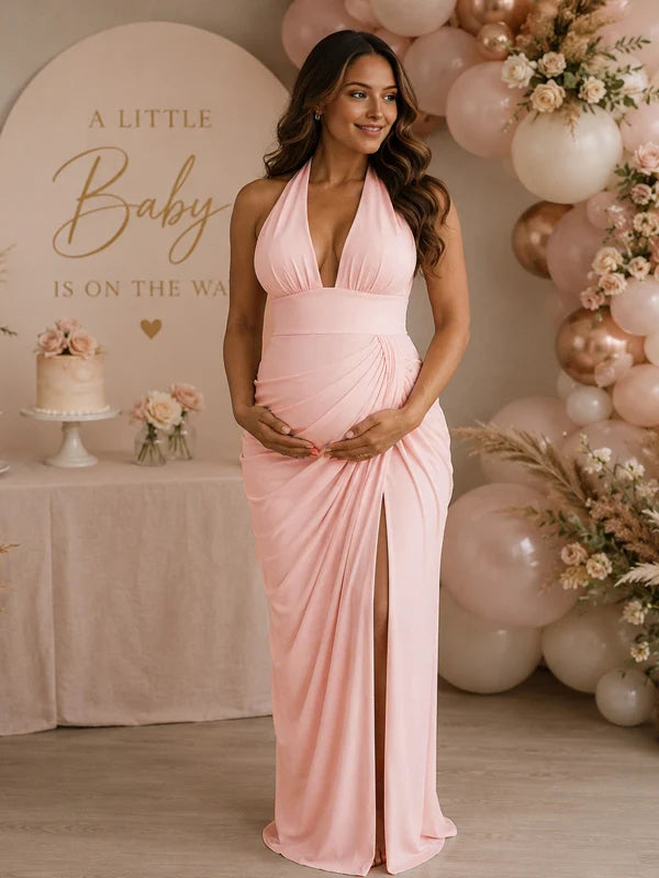 halter dress maternity Momyknows Neck Lace Up Backless Side Slit Ruched Baby Shower Maxi simple pink maternity dress photoshoot
