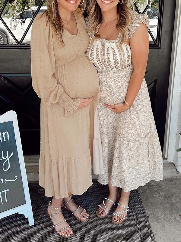 Momyknows Apricot Smocked Flouncy V neck Daily Going out Baby Shower Maternity Photoshoot Midi Dress