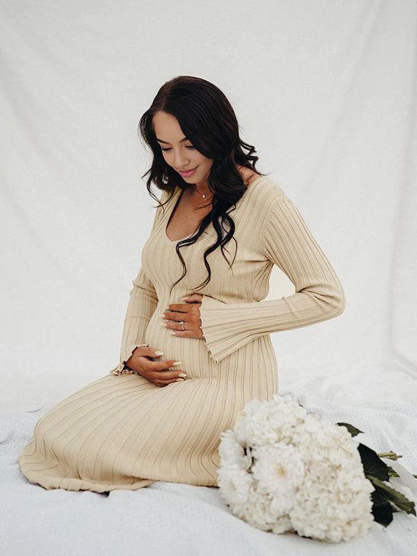 Momyknows Knit Pleated Big Swing V-neck Plus Size Sweater Elegant Going Out Maternity Photoshoot Baby Shower Maxi Dress Black / 2XL Momyknows Knit Pleated Big Swing V-neck Plus Size Sweater Elegant Going Out Maternity Photoshoot Baby Shower Maxi Dress Black / 2XL
