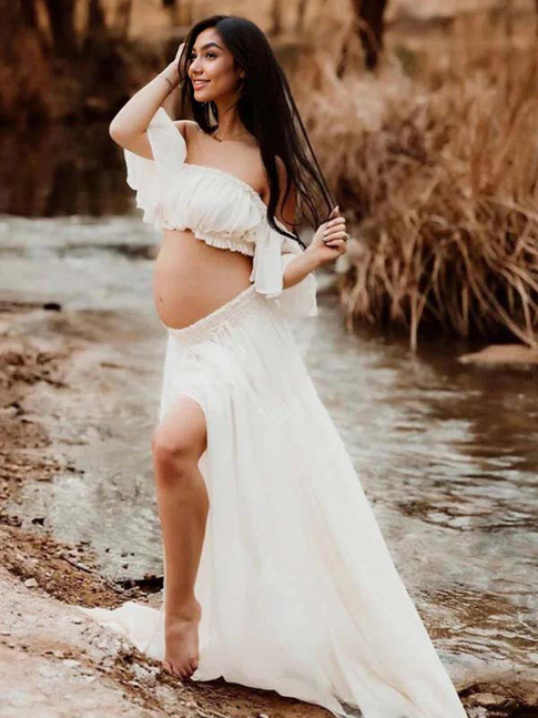 Momyknows Solid Color Bohemian Off Shoulder Backless Ruffle 2-in-1 Crop Cap Sleeve Side Slit Photoshoot Maternity Maxi Dress White / L Momyknows Solid Color Bohemian Off Shoulder Backless Ruffle 2-in-1 Crop Cap Sleeve Side Slit Photoshoot Maternity Maxi Dress White / L