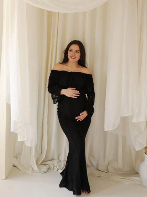 black lace off the shoulder maternity dress Women Tulle See-Through Maternity Dress Summer Polka Dots Long Sleeve Off- Shoulder Sheer Maxi Dress for Photography (Black A, S) at Amazon Women's Clothing store