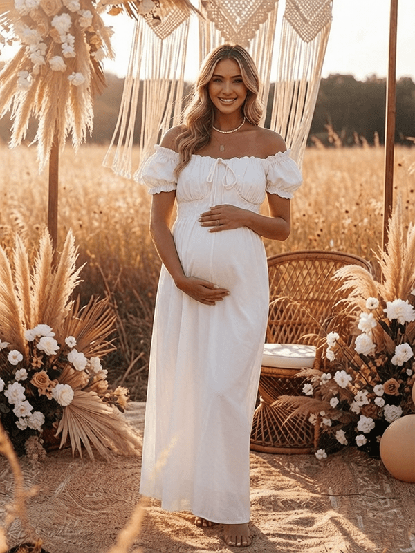 Momyknows Ruffle Ruched Lace-Up Big Swing Boho Western Maternity Maxi Dress, White / XL