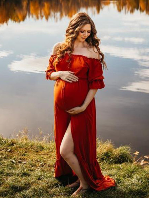 Babymoon Puff Sleeve Front Slit Maternity Gown Dress