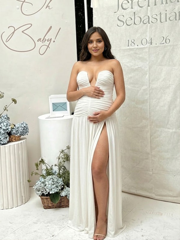 maternity white maxi dress Momyknows White Deep V Draped Hem Side Slit Ruched Backless Maternity Baby Shower Maxi Dress