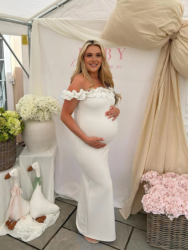 maternity bodycon dress for wedding Momyknows Off Shoulder Ruffle trim Bodycon lace-up Mermaid Wedding Baby Shower Maternity Maxi Dress, Red / M
