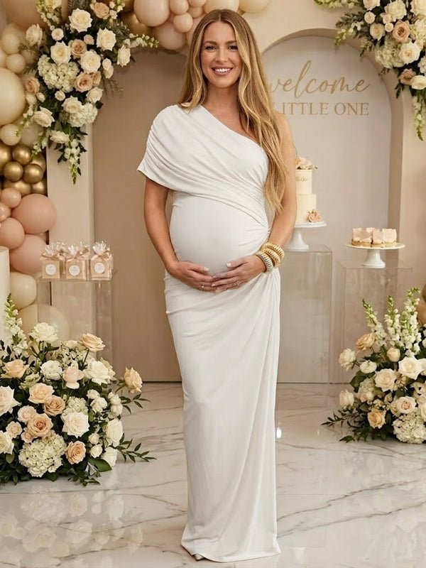 white bodycon maternity dress Momyknows Oblique Shoulder Ruched Baby Shower Maxi white maternity dress