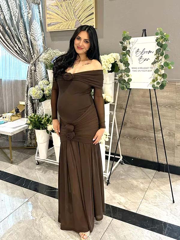 Momyknows Off Shoulder 3D Flowers Maternity Baby Shower Maxi Dress