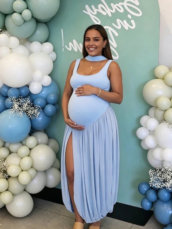 Momyknows Spaghetti Strap Ruched Side Slit Ribbon Maternity Baby Shower Maxi Dress