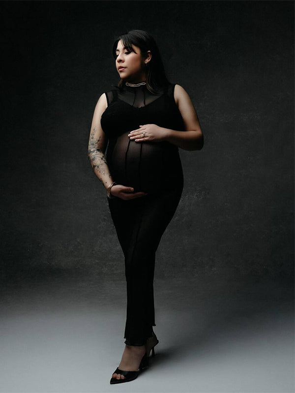 Momyknows Black Sheer Backless Band Neck Bodycon Club Fashion Elegant Photoshoot Maternity Maxi Dress