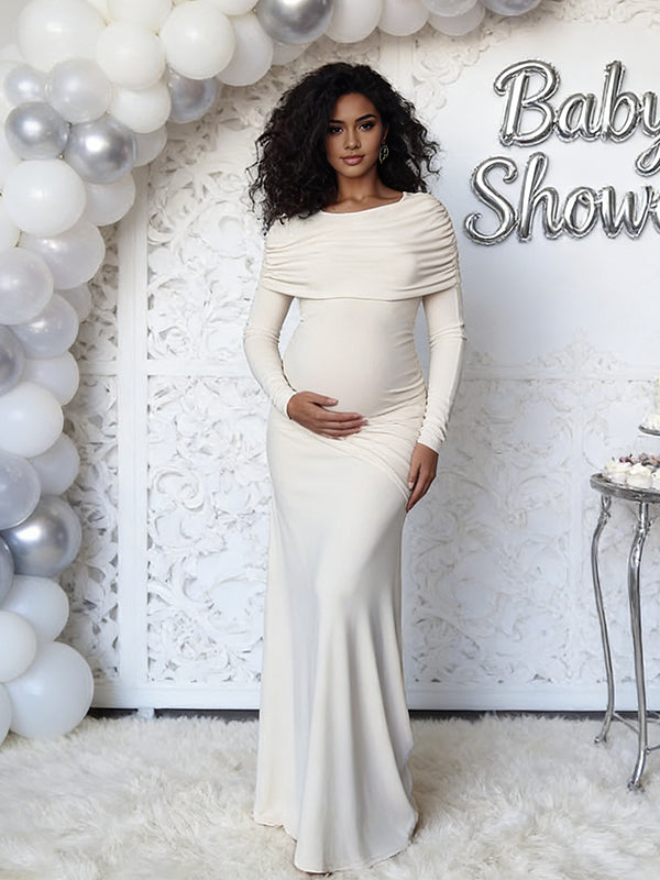 Momyknows Off Shoulder Ruched Backless Cape Spliced Maternity Baby Shower Maxi Dress Momyknows Off Shoulder Ruched Backless Cape Spliced Maternity Baby Shower Maxi Dress