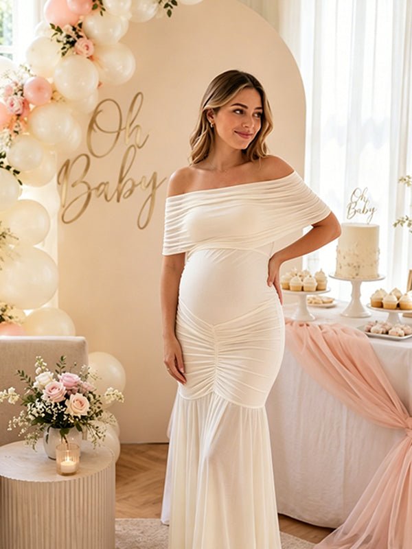 Momyknows Elegant White Ruched Grenadine Off Shoulder Bodycon Maternity Baby Shower Maxi Dress, Beige / M