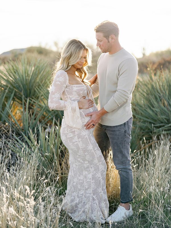 Momyknows White Lace Corset Square Neck Flare Sleeve Off Shoulder Bodycon Elegant Cocktail Party Maternity Baby Shower Photoshoot Maxi Dress, White