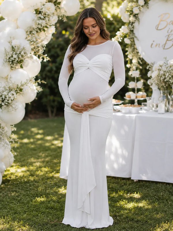 maternity bridal shower dress Momyknows White Ruched Sheer Grenadine Lace Up Baby Maxi cute baby shower dresses