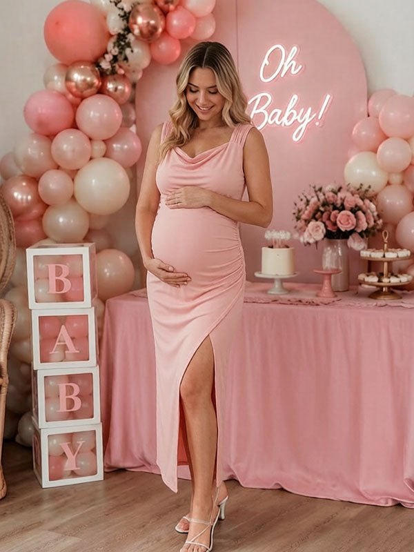 Momyknows Elegant Bodycon Side Slit Backless Lace-Up Baby Shower Maternity Maxi Dress, Blue / L