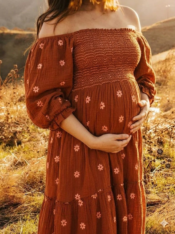 Momyknows Sun Flowers Square Smocked Neck Puff Sleeve Big Swing Flowy Baby Shower Photoshoot Maternity Maxi Dress Light Brown / S Momyknows Sun Flowers Square Smocked Neck Puff Sleeve Big Swing Flowy Baby Shower Photoshoot Maternity Maxi Dress Light Brown / S
