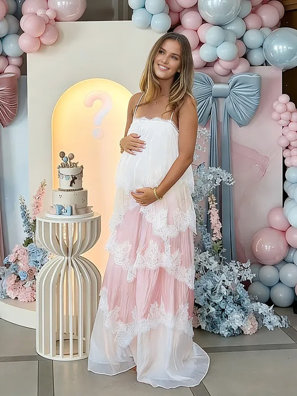 Momyknows Pink Lace Tiered Baby Shower Maternity Maxi Dress Momyknows Pink Lace Tiered Baby Shower Maternity Maxi Dress