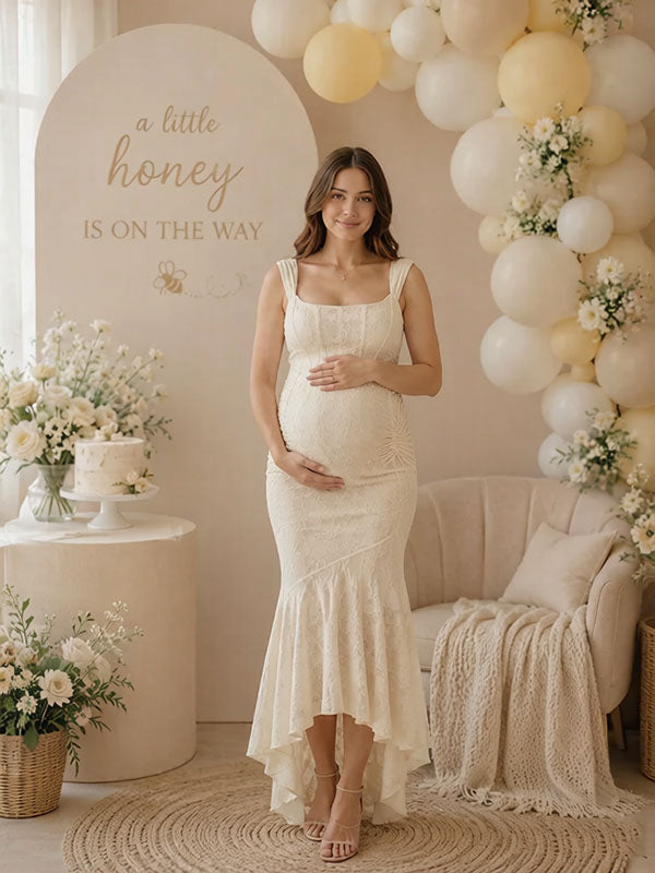 maternity dress beige Angel Maternity Daisy Romantic Cream Print Maternity Baby Shower Dress