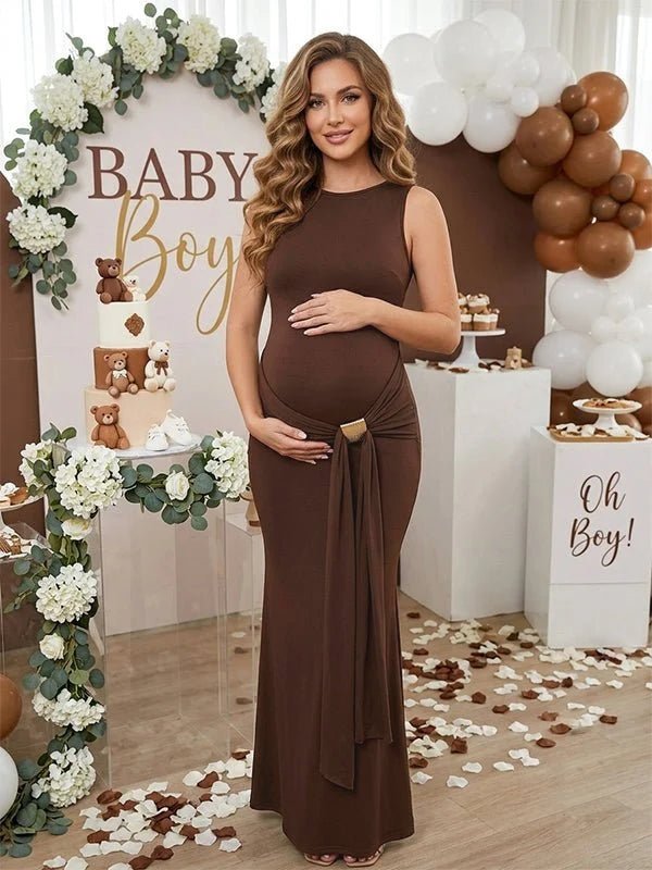 Momyknows Elegant Studded Draped Backless Ruched Baby Shower Maternity Maxi Dress, Wine Red / L