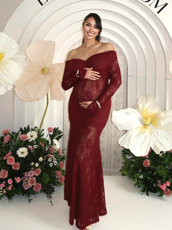 Momyknows Off Shoulder Lace Ruched Maternity Baby Shower Maxi Dress