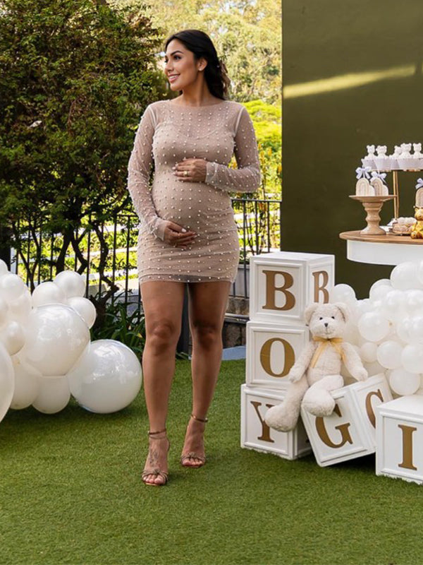 bebe studded long sleeve dress Momyknows Solid Color Pear Rhinestone Sheer Long Sleeve Fashion Photoshoot  Maternity Baby Shower Mini Dress