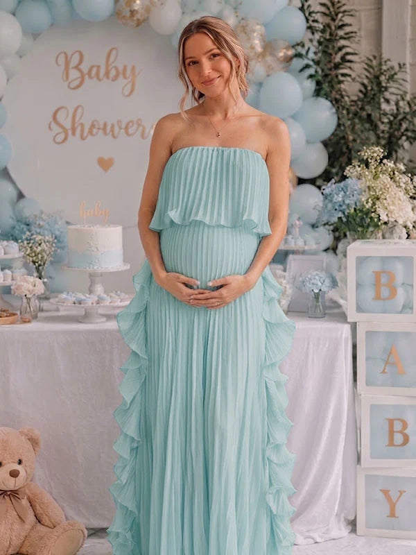Momyknows Elegant Light Blue Falbala Pleated Flowy Bandeau Baby Shower Maternity Maxi Dress