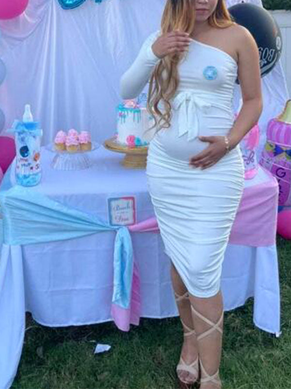 Momyknows White Off Shoulder Ruffle Sashes Bodycon Cute Baby Shower Long Sleeve Maternity Midi Dress