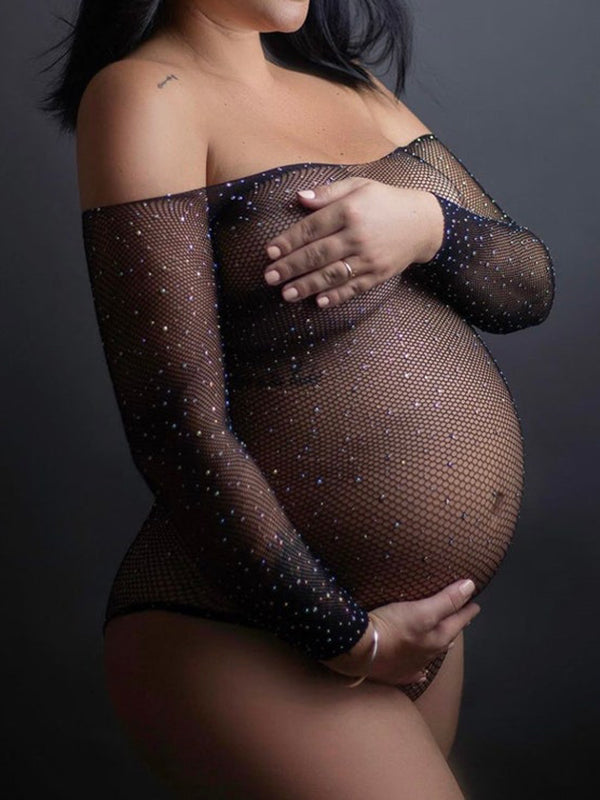 Momyknows Black Off Shoulder Maternity Photoshoot Body Rhinestones Crystal Bodysuit