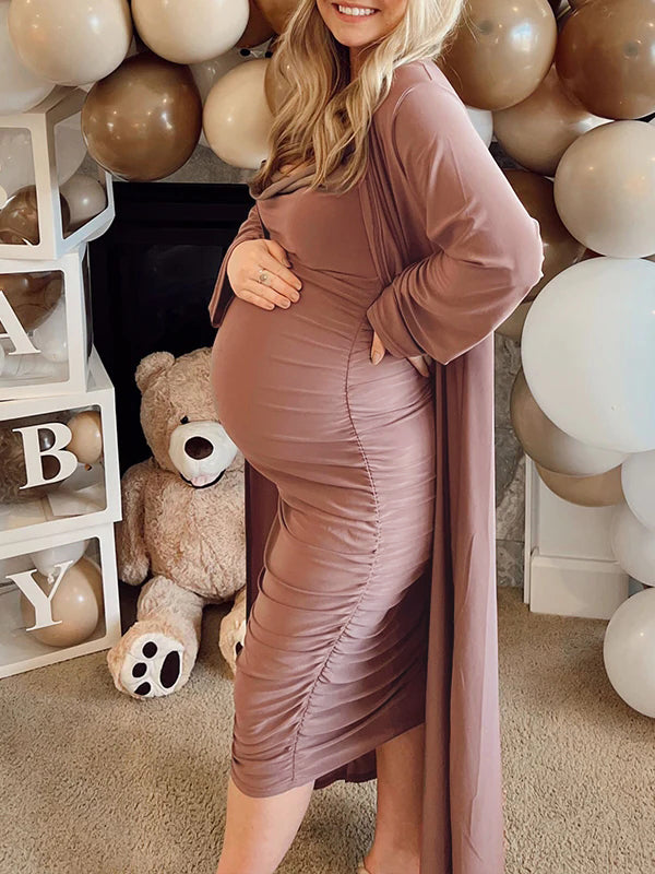 Momyknows Ruched Cowl Neck Two Piece Spaghetti Strap Long Dress And Duster Coat Long Sleeve Babyshower Maternity Maxi Dress Momyknows Ruched Cowl Neck Two Piece Spaghetti Strap Long Dress And Duster Coat Long Sleeve Babyshower Maternity Maxi Dress