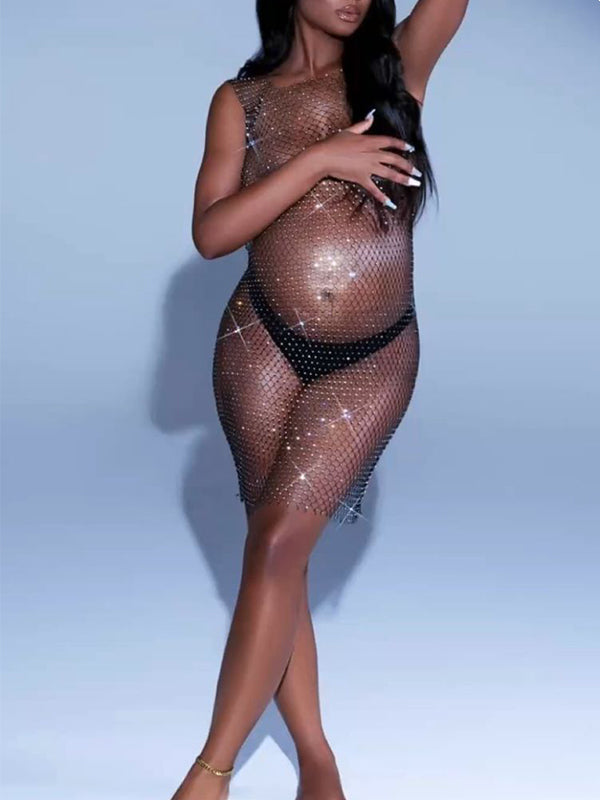 fishnet mesh dress Momyknows Off Shoulder Fishnet Rhinestone Clubwear Beach Cover Up  Photoshoot Maternity Mini Dress