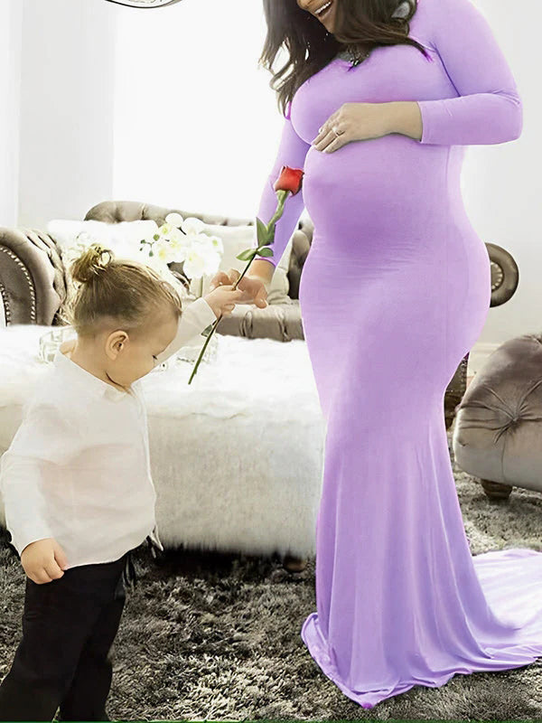 Momyknows Violet Long Sleeve Bodycon Bump Style Maternity Photoshoot Gown Basic Baby Shower Maxi Dress