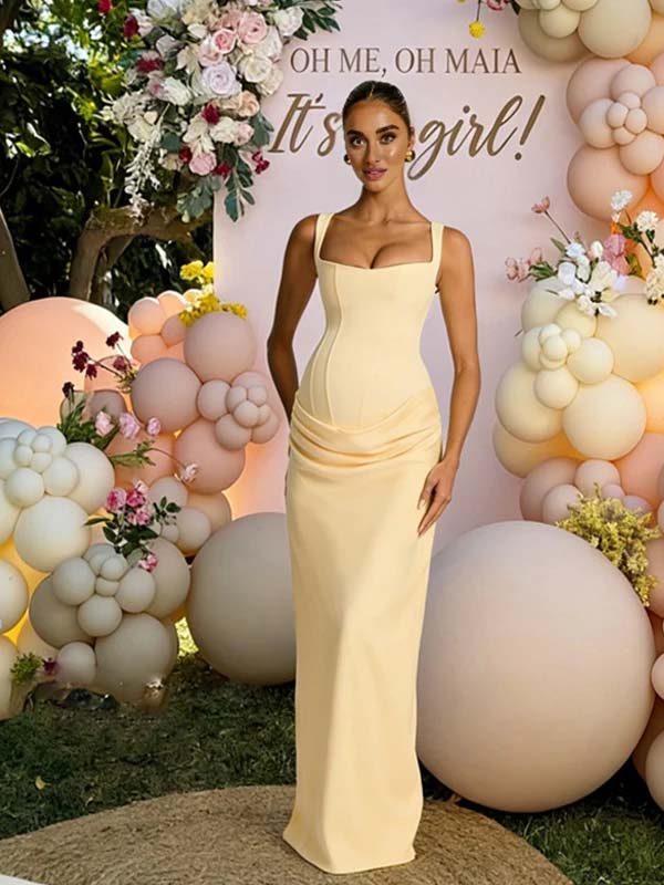 Momyknows Yellow Spaghetti Strap Ruched Lace Up Maternity Baby Shower Maxi Dress