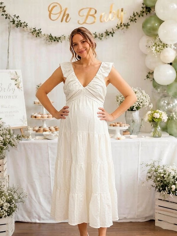 Momyknows Elegant Beige Falbala Backless A-Line Baby Shower Maternity Maxi Dress - Beige - 3