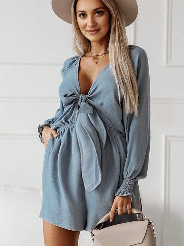 Momyknows Bowknot Ruched Deep V wrinkles Banquet Going out Maternity jumpsuit