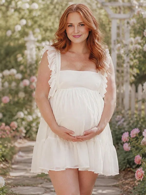Momyknows Ruched Open Back Lace-Up A-line Bowknot Maternity Photoshoot Mini Dress - White - 1