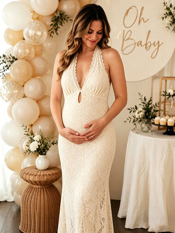 Momyknows Elegant Yellow Halter Neck Lace Backless Lace-Up Bodycon Baby Shower Maternity Maxi Dress