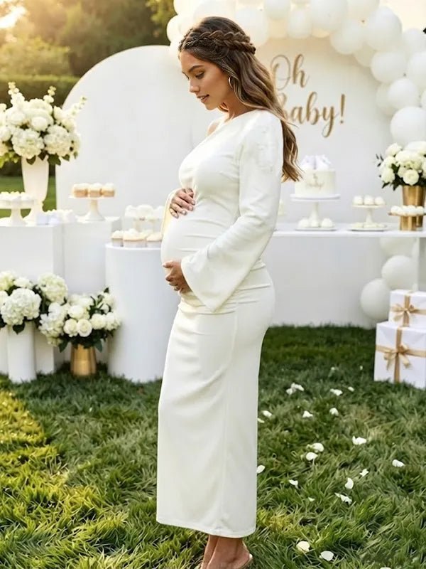 Momyknows Apricot Flare Sleeve Ruched Open Back Mermaid One Shoulder Baby Shower Maxi Dress - Apricot - 2